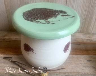 Hedgehog butter crock. Hedgehog french butter keeper. European butter jar. Stoneware. 4in high. Keeps butter spreadable. Handmade in USA.