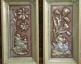 Mid Century Modern Metalcraft Framed Pictures, 3D Raised Relief Pictures, Metalcraft Jade Four Seasons Winter and Spring, 1950s Wall Decor