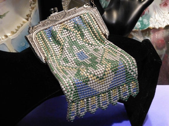 Whiting Davis Metal Mesh Enamel Handbag Purse Geometric Design / Van Dyke Fringe