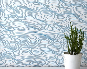 Linear Waves Wallpaper, Waves Wallpaper, Blue Wallpaper, Home Decoration, Coast Inspired Wallpaper
