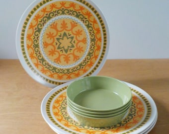 Vintage Melmac Dinnerware • 8 Piece Genuine Melamine Melmac • Avocado Green and Orange