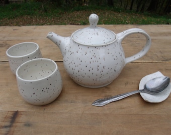 White Ceramic Tea Set- teapot, 2 tea bowls, spoon rest/teabag holder