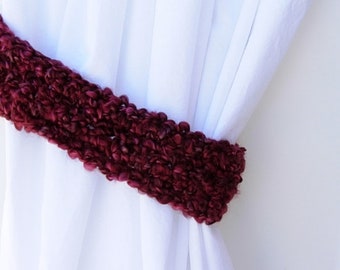 One Pair of Dark Wine Red Curtain Tiebacks, Burgundy Curtain Tie Backs, Drapery Drapes Holders, Soft Crochet Knit, Ready to Ship in 2 Days