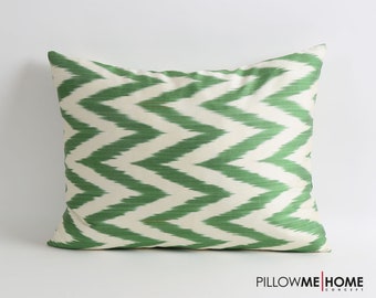 silk ikat pillow cover, Double side, zigzag chevron pillow, green white silk pillows decorative lumbar pillow, ikat bedding