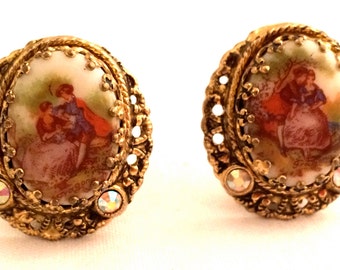 W GERMANY Cabochon Clip Earrings Golden Filigree Feminine Vintage Designer Jewelry artedellamoda SALE was 45
