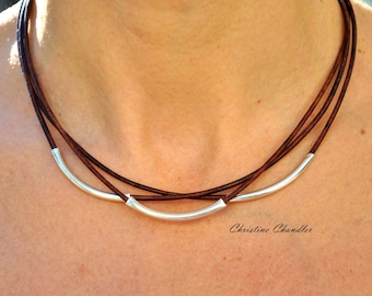Leather Necklace - Christine Chandler - Leather and Sterling Silver Necklace - 3 Strand Leather Necklace - Leather Jewelry - Sterling Silver