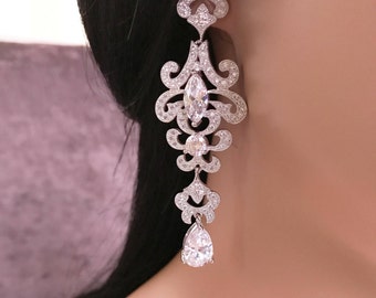 Silver CZ Bridal Earrings, Silver Wedding Earrings, Bridal Long Earrings Bridal Chandelier Earrings, Bridal Jewelry Bridal Filigree Earrings