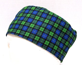 Mens Scrub Hat or Surgical Cap in a Blue and Green Plaid