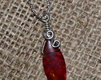 Simple red glass wire wrapped briolette pendant