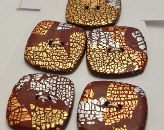 Handmade Buttons Dark Red and Metallic Squares 25mm
