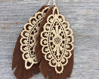 Leather and Lace Earrings by Stacy Leigh in Distressed Brown Leather and Antique Lace on Silver Hooks