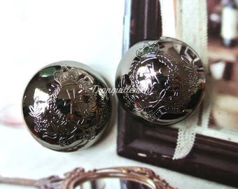 4 Large Retro Vintage Style Dark Gunmetal Silver Military Steampunk Crown Shirt Wedding Jacket Coat Sweater Metal Button 1.2 Inches / 3 cm