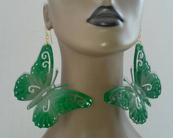 Gorgeous Multicolor Green and Olive Green Hand Painted Aluminum Butterfly Earrings, Large Earrings, Women's Earrings, Fashion Earrings