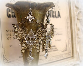 one of a kind vintage assemblage earrings madame butterfly mid century rhinestone butterflies shades of silver and crystal hypoallergenic