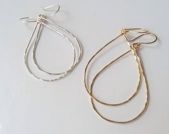2.5" Sterling Silver Hoop Earrings, 14K Gold Filled Teardrop Thin Earrings, Minimalist Earrings, Laghtweight Dangle Earrings.