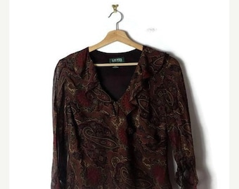 ON SALE Ralph Lauren Dark Brown Paisley printed Long sleeve Blouse