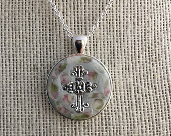 Mosaic Cross Pendant Made from Vintage China