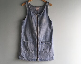 90s Denim Zipper Front Dress/Jumpsuit/Romper//Faded/Lightwash