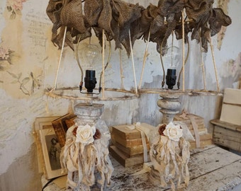 Rustic farmhouse mismatched table lamps deconstructed shades distressed dirty white taupe bases lampshade lighting decor anita spero design