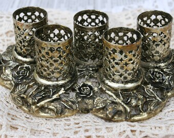 Vintage Gold Ormolu 5 Lipstick Brush Holder Gold Filigree Branches Flowers Leaves.