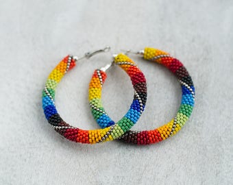 Rainbow Hoops, Chunky Hoop Earrings, Patchwork Earrings, Patchwork Earrings, Colorful Earrings, Rainbow Hoop Earrings - MADE TO ORDER