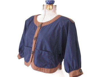 80s cropped shirt * crop top blouse * 80s blouse * navy blue blouse * medium