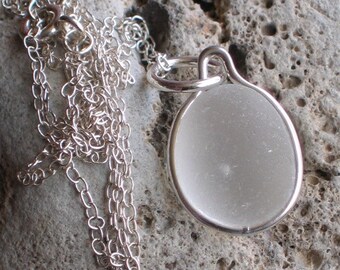 Natural Sea Glass Sterling Silver Petite Pendant Necklace soft white glow (502)
