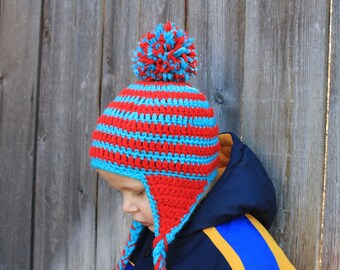 Toddler's bright red and turquoise striped hat with pom pom and ear flaps! Crochet
