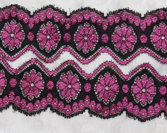 5 yards black hot pink stretch sewing lingerie doll lace 1.75" wide
