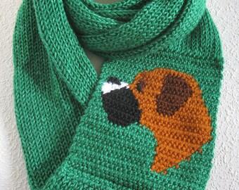 Boxer Infinity Scarf. Emerald green, knit infinity scarf with a crochet boxer dog. Knitted dog scarf. Long cowl boxer gift