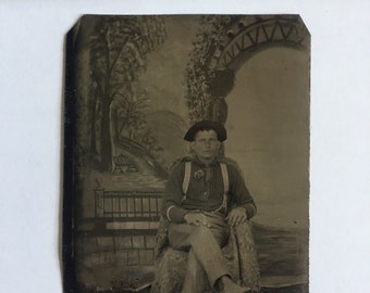 1 Antique Tin Type Photograph 1800s Creepy Sitting Man Portrait Farmer Scenic Backdrop
