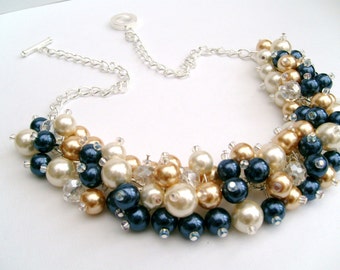 Ivory Navy Gold Beaded Necklace, Bridesmaid Jewelry, Cluster Necklace, Chunky Necklace, Bridesmaid Gift, Bridesmaid Necklace