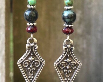 Turquoise Earrings, Bohemian Earrings, Silver Earrings, Rustic Earrings, Boho Jewelry, Gift for Her
