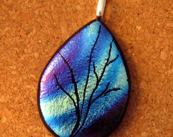 Hand Etched Pendant - Dichroic Glass Tree - Dichroic Glass Pendant - Fused Glass Pendant - Dichroic Jewelry - Hand Etched Glass