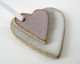 Ceramic Heart Decoration, Gift Tag, Love Token, Pink and White