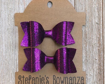 Hair Bows|Purple Sparkle Hair Bows|Fabric Hair Bows|Glitter Hair Bows|Pigtail Hair Bows|Alligator Clip Hair Bows|Princess Hair Bows
