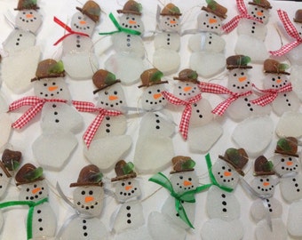 Snowman Ornaments, Beach Glass, Sea Glass, set of 5