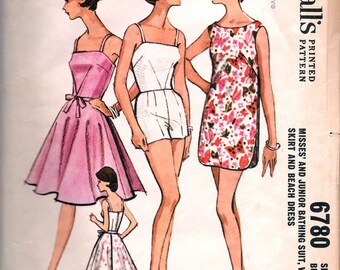 Vintage 1963 McCall's 6780 Bathing Suit, Wrap Skirt & Beach Dress Sewing Pattern Size 12 Bust 32"