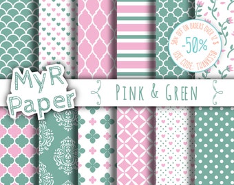 Romantic digital paper: "Pink & Green" seamless pattern for scrapbooking, invite, card – printable - perfect for valentine's day and wedding