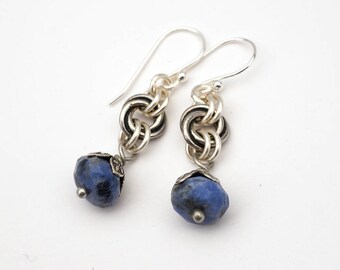Blue and white sodalite earrings, semiprecious stone beads, silver French hooks, dangle, 1 5/8" long