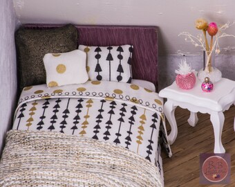 Miniature Bedding (Modern Dots and Arrows Twin Size) -- Dollhouse Miniatures 1:12 Scale