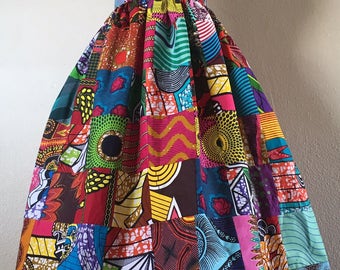 Beautiful Patchwork African Wax Print High Waisted Skirt Fit and Flare 100% Cotton