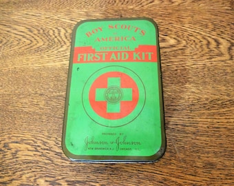 Vintage Boy Scouts First Aid Kit Tin with Original Contents - 1950's - Johnson & Johnson - Boy Scouts Of America Collectible Memerobilia