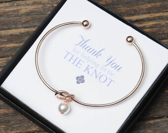 Rose Gold Knot Bangle,Thank you for helping us tie the knot, Pearl Bracelet, Pearl Wire Knot Bangle, Bridal Party Gift, Bridesmaid, Cuff