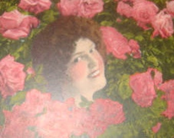 SALE Vintage Floral Postcard (Pretty Lady and Roses) #2