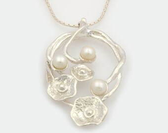 Silver and Pearl Floral Necklace, Silver Floral Necklace, Sterling Silver Necklace, By Nature Jewellery, S6934
