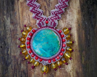 Necklace - Chrysocolla, Amber and Cornalina