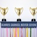 Choose Your Color Trophy Shelf With The Saying Always Earned Never Given, Sports medals, Pictures and Trophies 2ft long with 20 hooks