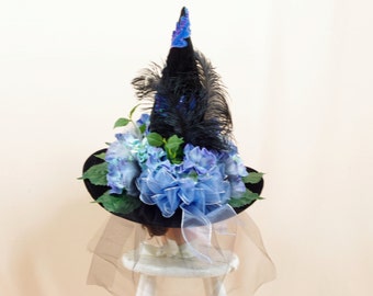 Blue and Black Witch Hat, Elegant Witch Hat, Hydrangea Witch Hat, Witch Costume, Halloween Decor, Halloween Costume