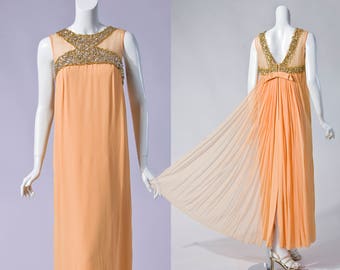 60s peach gown with silk chiffon train and gold beaded contrast | SIZE SMALL - MEDIUM